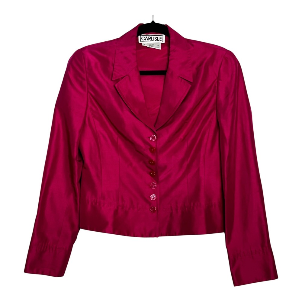 Carlisle Women Magenta 100% Silk Button Front Blazer Jacket Size 4 Pink RN 69161